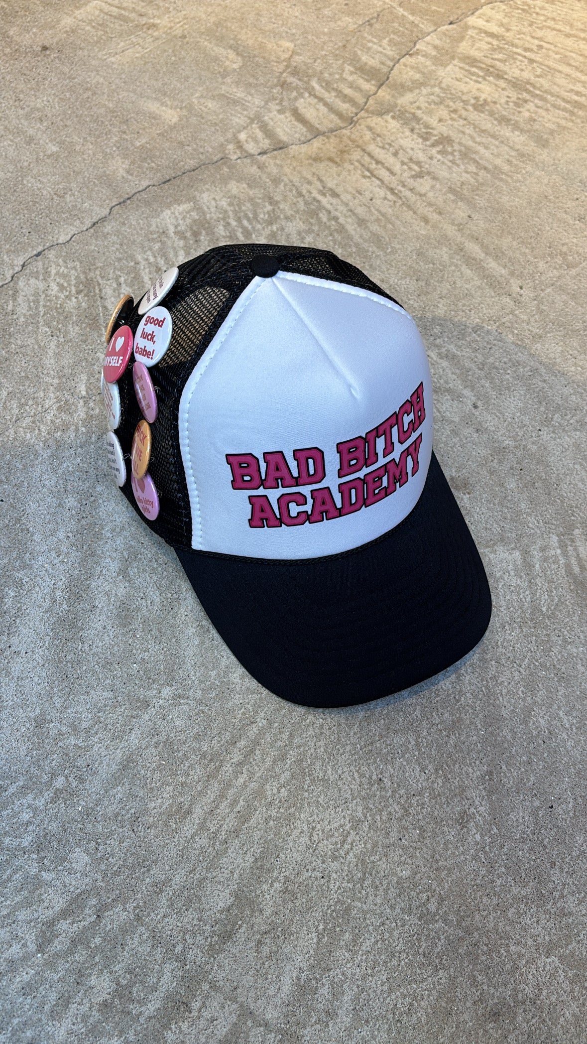 BAD BITCH ACADEMY BUTTON PIN TRUCKER
