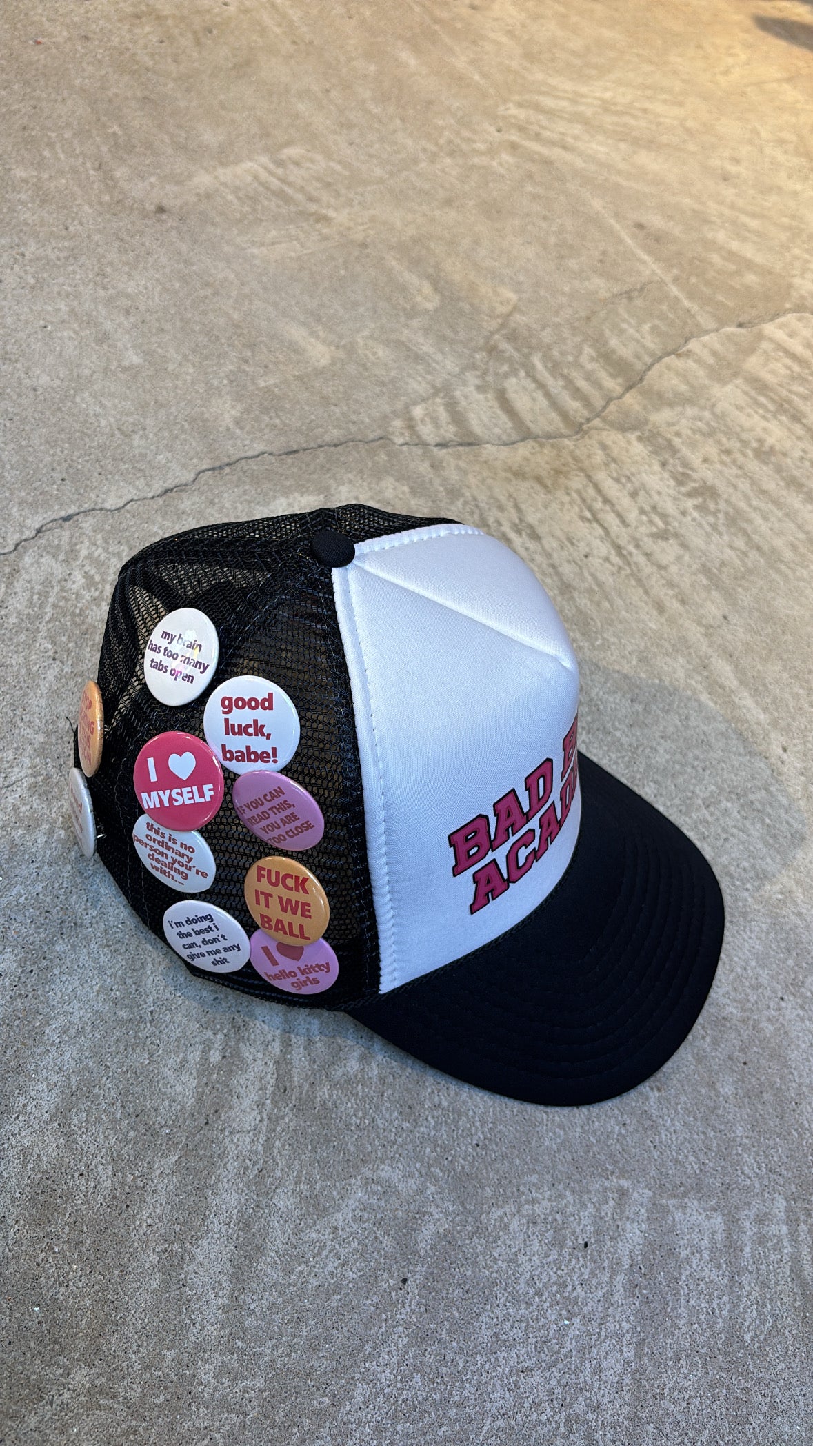 BAD BITCH ACADEMY BUTTON PIN TRUCKER