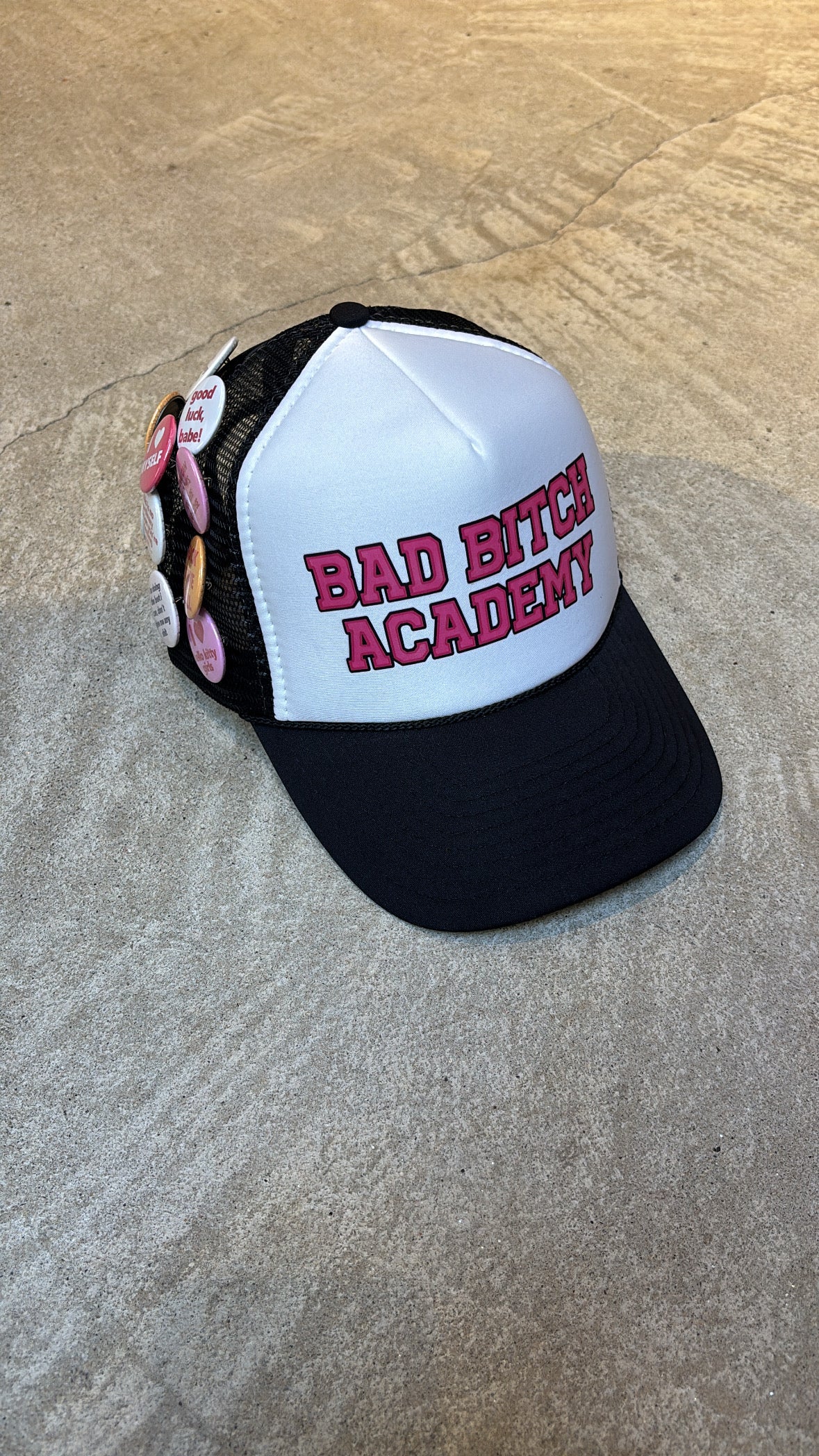 BAD BITCH ACADEMY BUTTON PIN TRUCKER