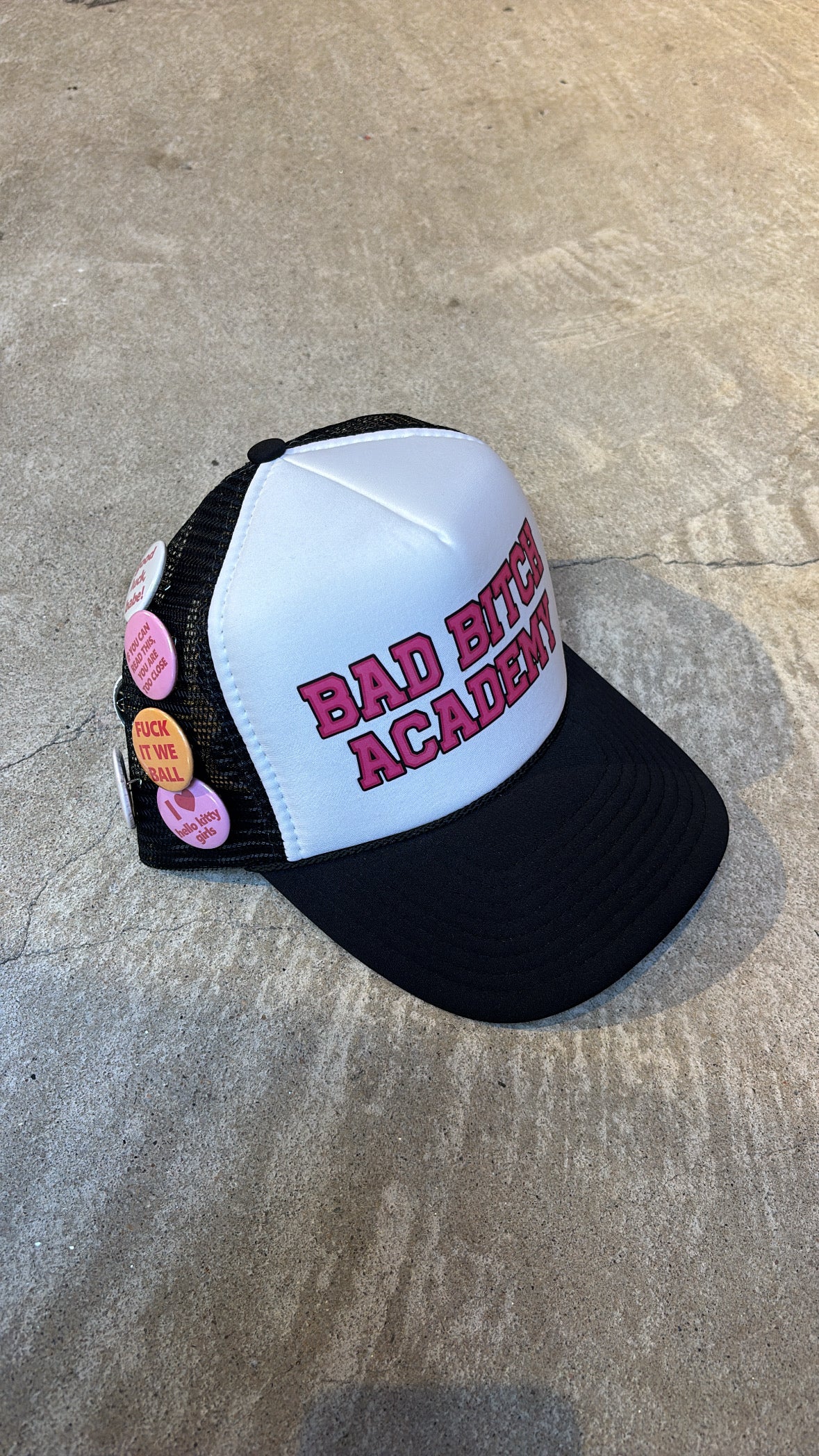 BAD BITCH ACADEMY BUTTON PIN TRUCKER