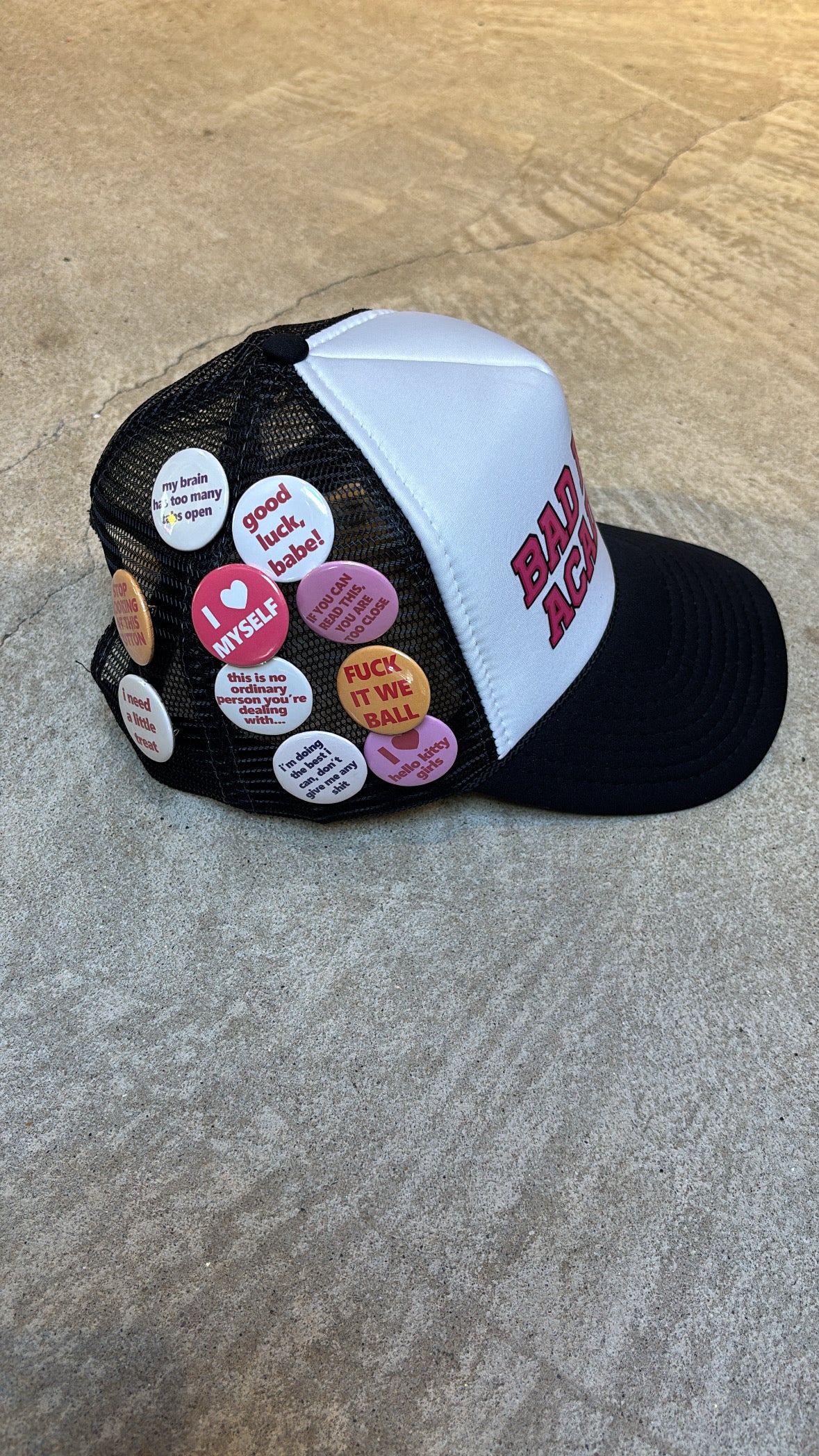 BAD BITCH ACADEMY BUTTON PIN TRUCKER