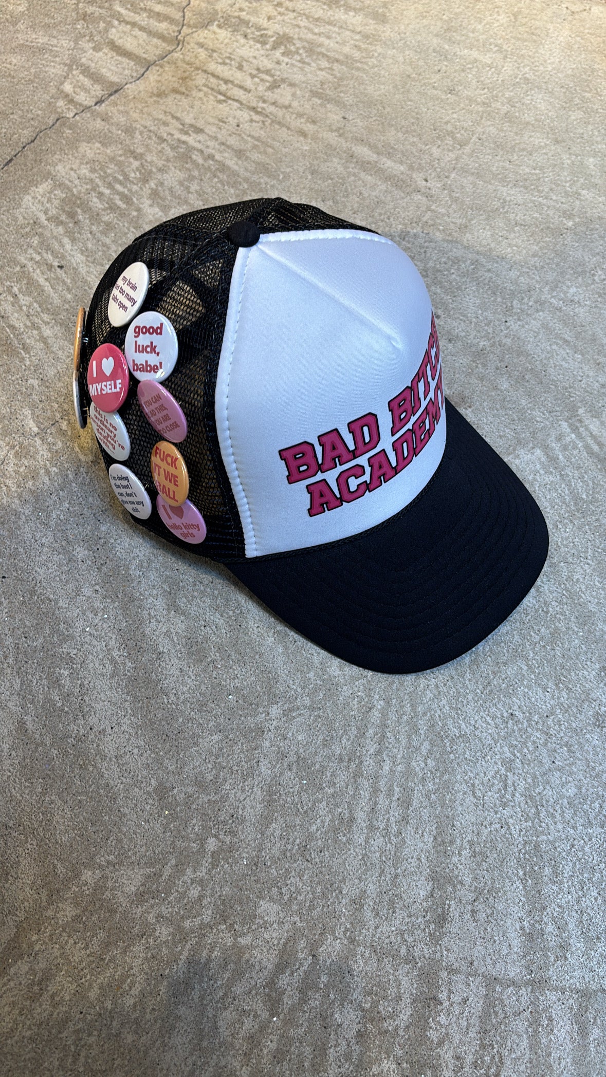 BAD BITCH ACADEMY BUTTON PIN TRUCKER