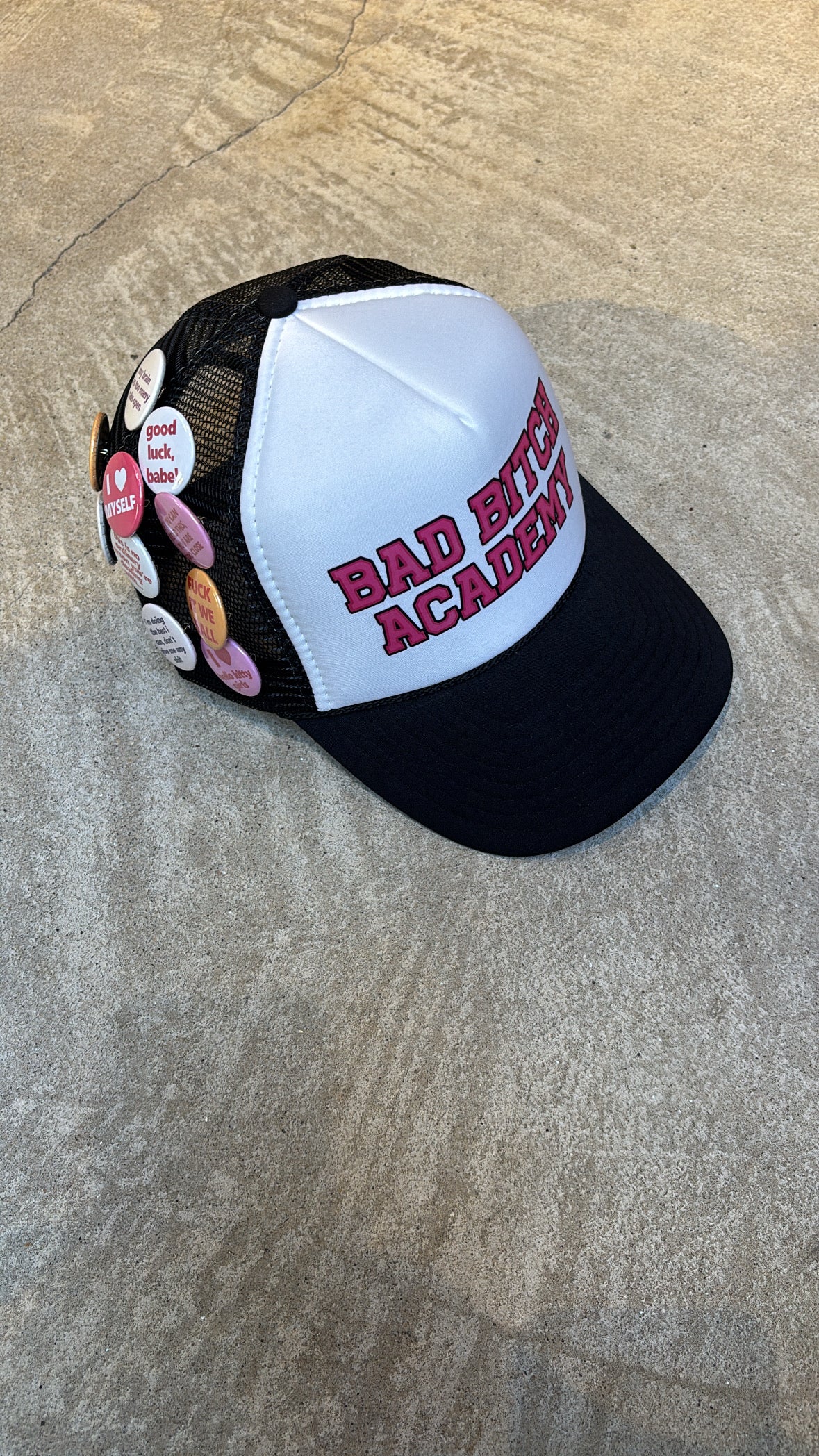 BAD BITCH ACADEMY BUTTON PIN TRUCKER