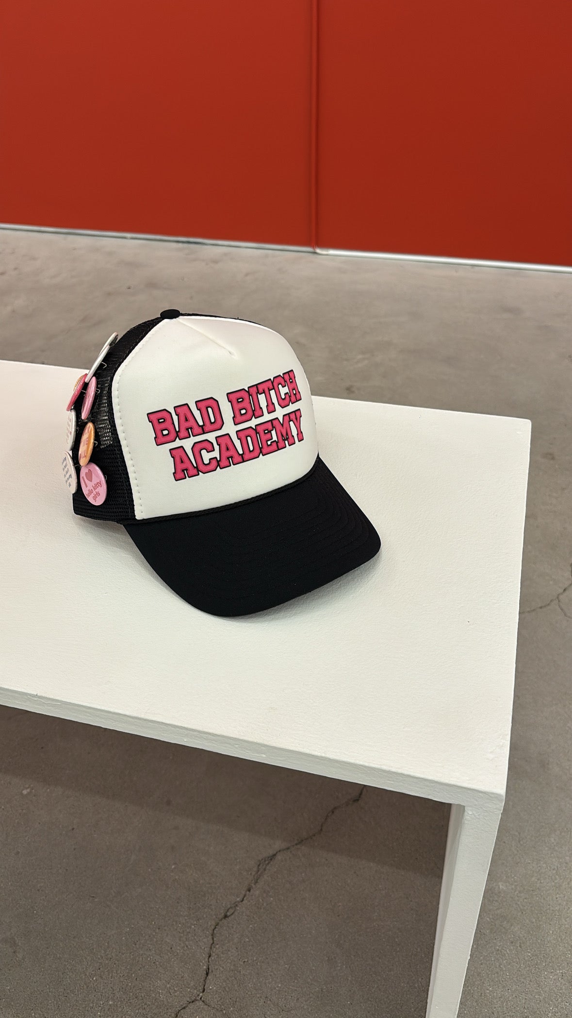 BAD BITCH ACADEMY BUTTON PIN TRUCKER