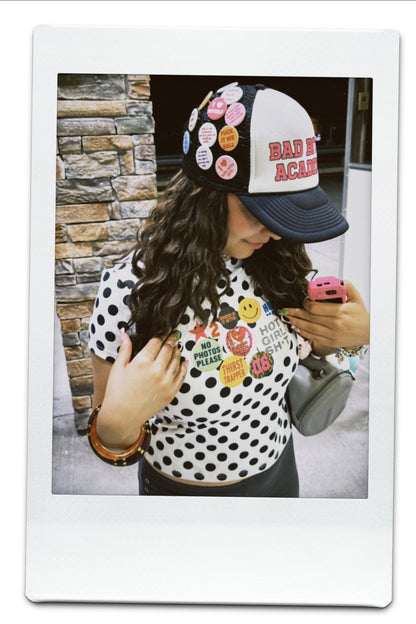BAD BITCH ACADEMY BUTTON PIN TRUCKER