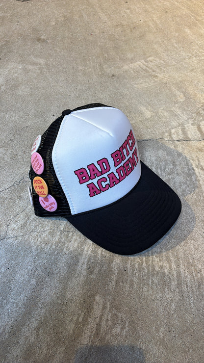 BAD BITCH ACADEMY BUTTON PIN TRUCKER