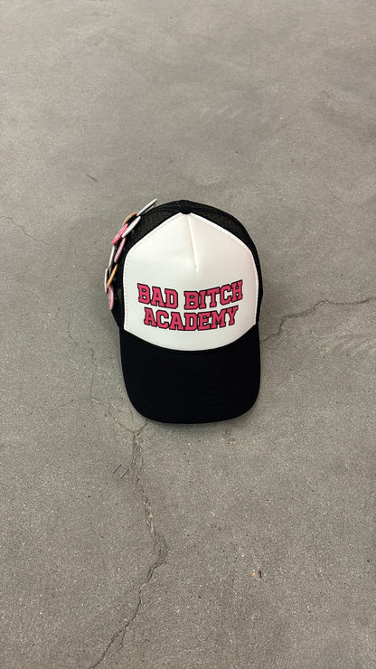 BAD BITCH ACADEMY BUTTON PIN TRUCKER