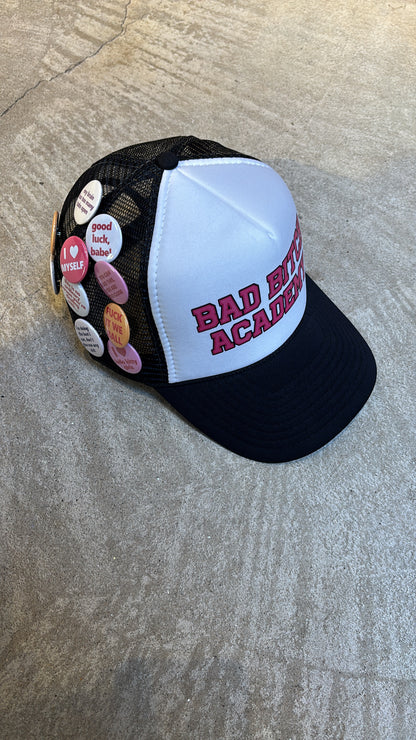 BAD BITCH ACADEMY BUTTON PIN TRUCKER