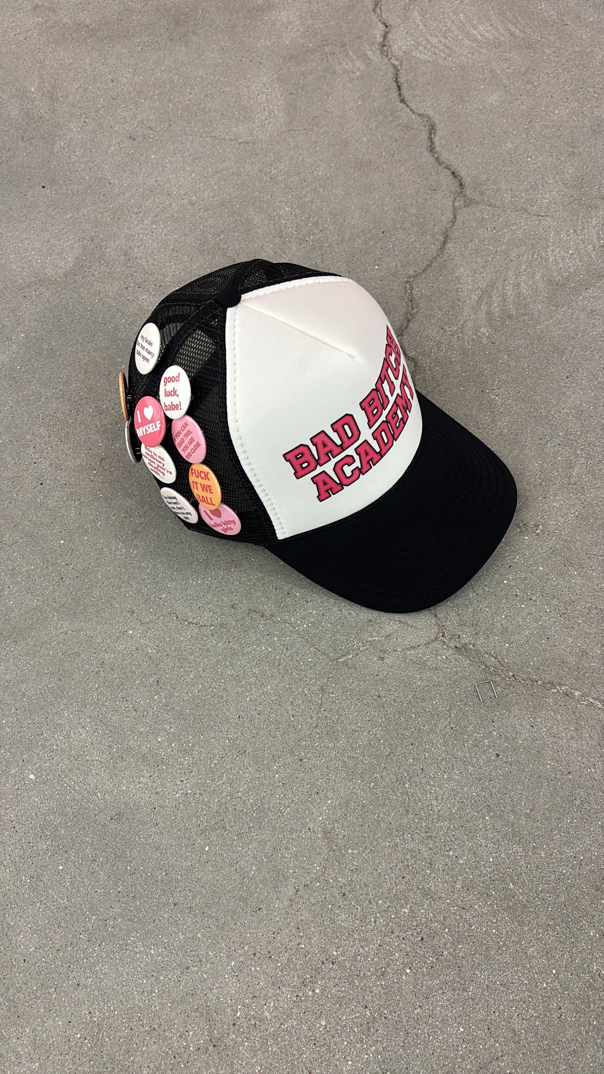 BAD BITCH ACADEMY BUTTON PIN TRUCKER