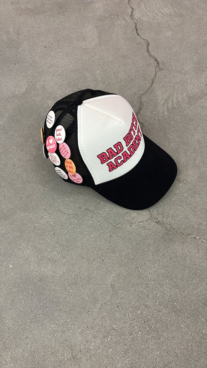 BAD BITCH ACADEMY BUTTON PIN TRUCKER