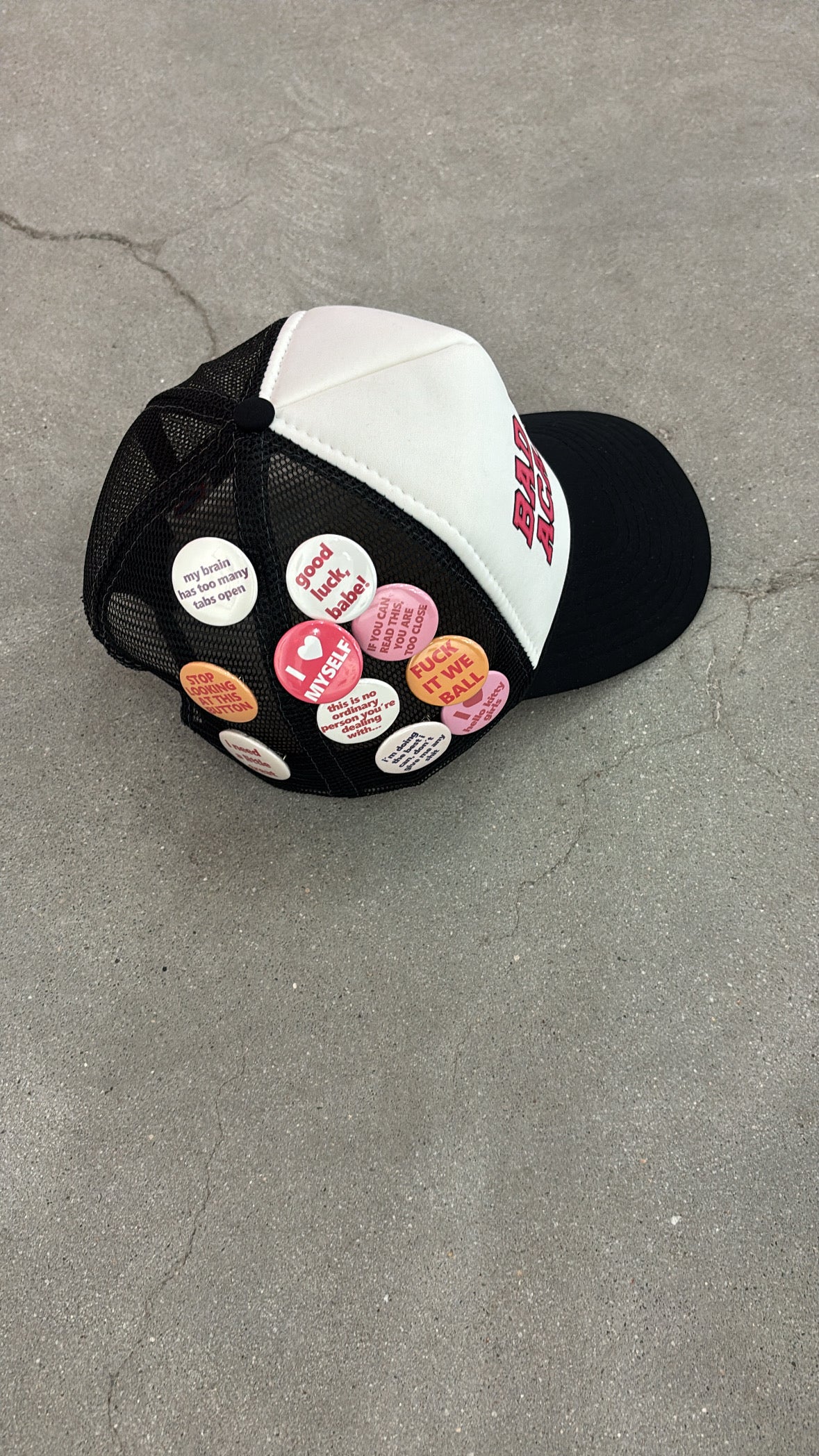 BAD BITCH ACADEMY BUTTON PIN TRUCKER